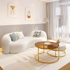 北欧ins客厅科技布皮沙发半圆奶油风弧形小户型现代沙发茶几组合