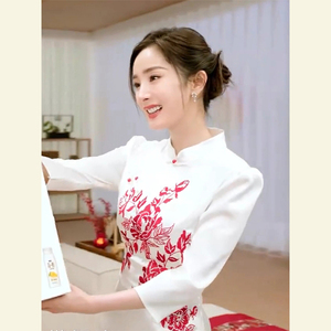 夏季杨幂同款新中式改良国风旗袍高端精致高级感白色醋酸连衣裙子