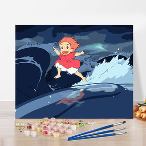diy数字油画手绘填充油彩画 卡通动漫波妞涂鸦填充客厅装饰画踏浪