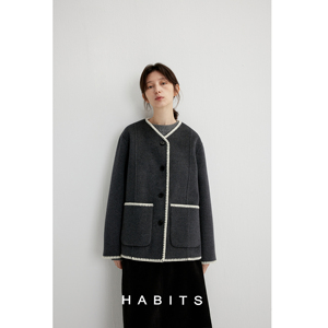 HABITS 羊绒羊毛双面尼  深灰色短款刺绣设计大衣秋冬外套