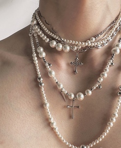 「万物起源」原创设计珍珠钛钢长项链叠戴choker十字架锁骨链百搭