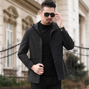 春季青中年男士连帽夹克时尚休闲茄克外套男装中长款上衣外穿