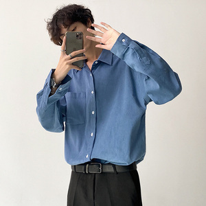 衬现在长袖衬衫男雾霾蓝潮流休闲衬衣宽松2022年春秋痞帅上衣外套