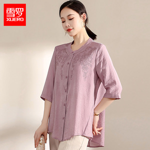 中年妈妈七分袖上衣年轻气质中老年女夏装套装棉麻衬衫大码两件套