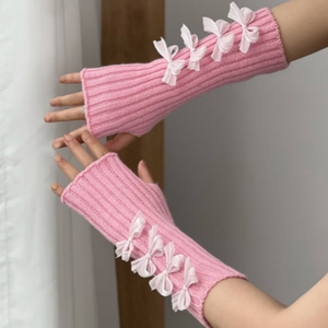女童粉色袖套针织蝴蝶结白色手套儿童模走秀表演跳舞弹琴露指臂套