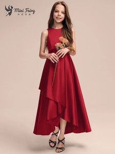 女儿童钢琴考级比赛洋气红色小提琴演奏礼服裙前短后长缎面公主裙