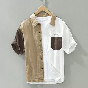 夏季日系亚麻刺绣字母短袖衬衫男士设计感拼色不对称全麻料衬衣男