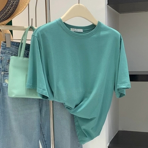 法式湖绿色短袖T恤女2024夏季新款小个子宽松百搭休闲复古上衣