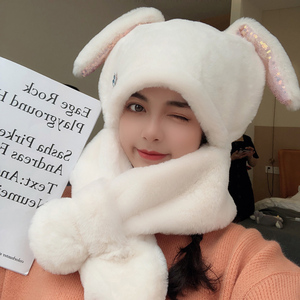 亲子款兔子帽子耳朵会动时尚韩版潮可爱儿童兔毛帽子围巾一体女冬