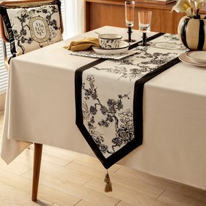 新黑白复古风轻奢中式风桌旗餐桌桌布长条茶几梳妆台卧室床装饰布