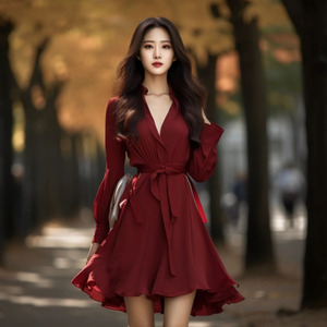 2024早春新款红色礼服法式赫本风小红裙气质衬衫连衣短裙小个子女