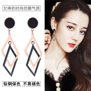 菱形耳环女立体几何长气质网红修脸显瘦适合圆脸戴的耳坠玫瑰金韩