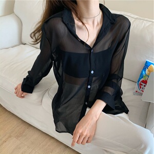 透视衬衫女2022新款夏季薄款设计感小众外搭防晒衣服薄纱雪纺衬衣