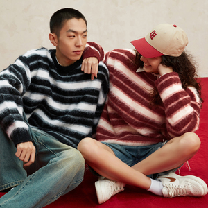 CHINISM 龙年系列 CH新年红色条纹圆领毛衣男冬季慵懒针织衫上衣