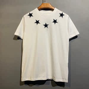 世 纪梵希潮纯棉夏季潮牌做旧植绒星星五角星圆领短袖t恤男女情侣