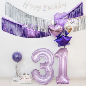 新款紫色生日布置水晶紫色数字气球流苏雨丝帘拉旗横幅背景墙装饰