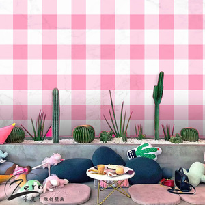 北欧粉白色格子拼色墙纸ins风几何图形简约小清新大理石纹理壁纸