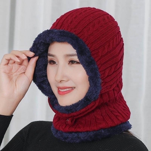 老人老年人睡觉用的帽子戴的女冬天头套妈妈帽奶奶连体帽毛线帽加