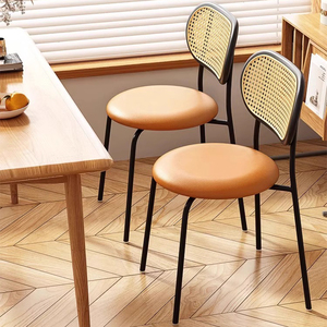 餐椅家用餐书桌实木复古软包坐垫凳餐厅靠背椅藤编侘寂风铁艺椅子