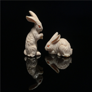 【松山】正品松山牙雕摆件 天然猛犸雕刻 白对兔 实拍现货