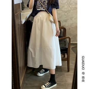 工装半身裙女夏季韩版高腰学生中长款日系风格A字雪纺白色长裙子