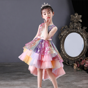 女中童裙子女童公主蓬蓬拖尾演出服礼服彩虹裙彩色儿童连衣裙