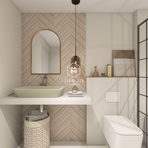 奶油色微水泥瓷砖卫生间鱼骨木纹砖原木色浴室墙砖法式复古洗手间