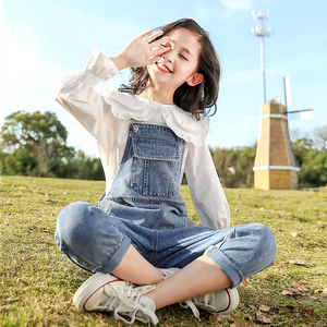 英国next ttat女童秋装牛仔背带裤2022新款中大儿童洋气女孩套装