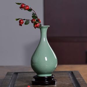 龙泉青瓷玉壶春创意花器摆件陶瓷插花瓶居家办公装饰中式台面花瓶
