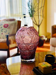 艺术水晶浮雕琉璃“藏品银莲”Lalique莱*丽绛紫色水晶感中古花瓶