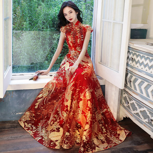 中式敬酒服新娘旗袍中国风大气酒红色回门结婚礼服裙女长款修身款
