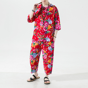 中国风男装夏季套装男东北大红花衣服汉服唐装五分袖t恤裤子一套
