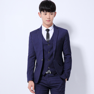 西服套装男英伦风条纹西装韩版修身三件套夏季新郎结婚衣服薄款潮