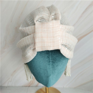 日韩新款时尚复古格纹亮片优雅简约party名媛个性全包头巾包头帽