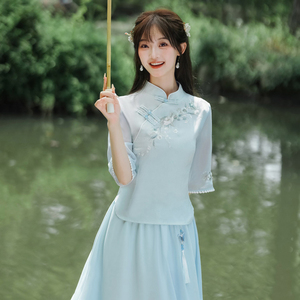 新中式民国风日常汉服套装少女学生改良旗袍上衣雪纺半身裙茶艺服