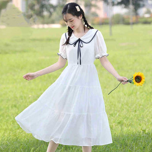 初中生连衣裙夏雪纺长款过膝2021夏季中学生白裙子娃娃领少女长裙