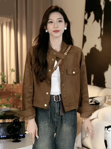 法式秋冬新款韩版设计感鹿皮绒外套女宽松显瘦短款长袖夹克上衣