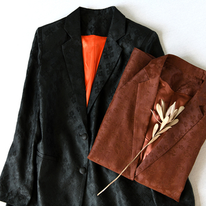 原创 纯桑蚕丝真丝香云纱通勤西服 宽松休闲外套中长款上衣西装女