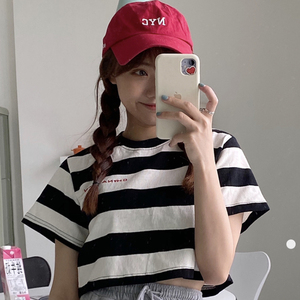 短款条纹泫雅风短袖t恤女韩版宽松ins潮学生原宿bf百搭半袖上衣服