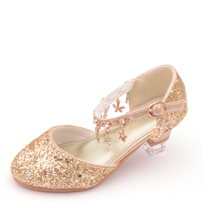 儿童鞋迪士尼贝儿公主鞋cos金色闪钻皮鞋小孩高跟黄色女童晚礼