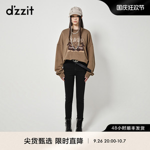 dzzit地素加绒牛仔高腰打底裤秋冬专柜新款黑色小脚裤设计女