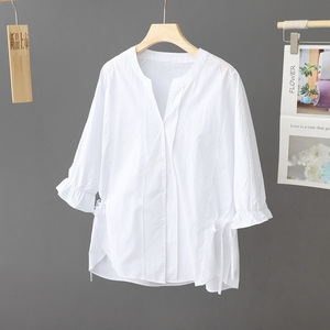 喇叭袖白色衬衫女V领设计感小众纯棉衬衣中袖法式系带夏季上衣潮