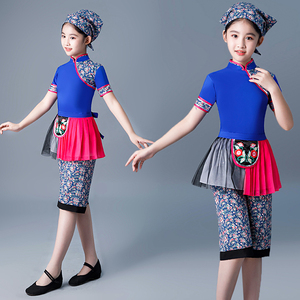 儿童村姑表演演出服女童斗笠舞舞蹈民族舞台服装新款3件套群舞女