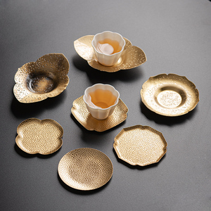 小号茶道铜茶杯垫日式手工锤目纹盏托防滑隔热垫茶托功夫茶具配件