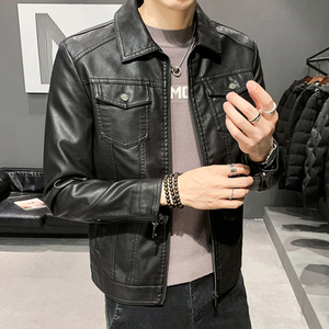 冬季短款加绒加厚皮衣男士韩版潮流帅气翻领夹棉加棉皮夹克机车服