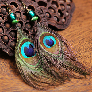 袖卷暗香原创复古民族风孔雀羽毛长款耳环气质耳夹女耳坠耳钩饰品