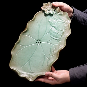 素雅陶瓷茶盘排水储水干泡盘功夫茶具泡茶台黑陶石磨荷花汝窑青瓷