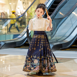 新中式女童马面裙织金蓝色套装2024新款国风高级泡泡袖唐装半身裙