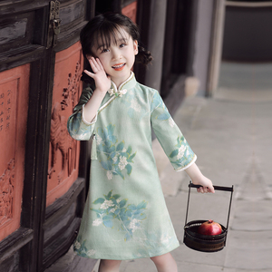 绿色旗袍女童2023新款复古儿童中国风高端清新优雅花朵公主礼服裙
