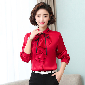 双层领带设计感小众OL通勤风百搭显瘦长袖衬衫女红色雪纺缎面小衫